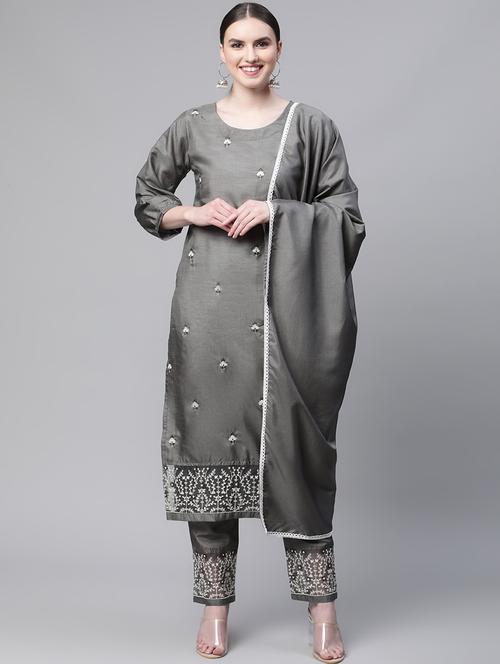 grey embroidered straight kurta, pant with dupatta - 19169794 - Very Small Image - 1