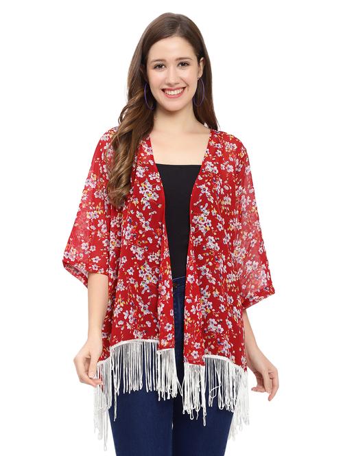 maroon lace detail printed shrug - 19172095 - Very Small Image - 1