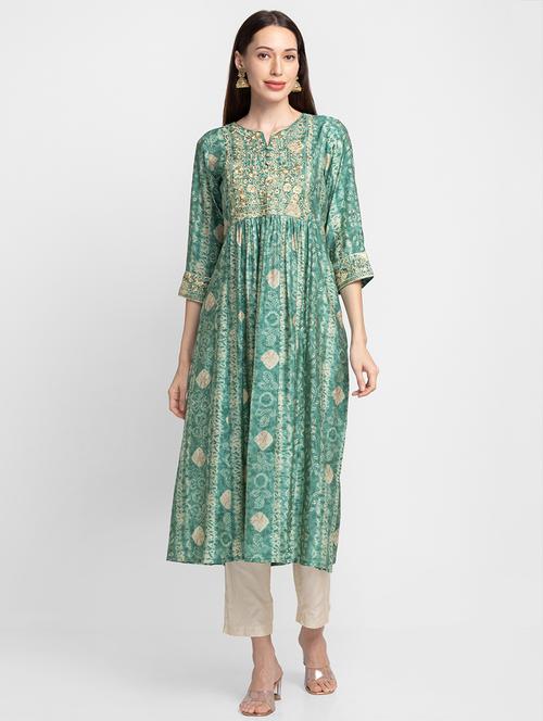 green printed flared kurta - 19172858 - Very Small Image - 1