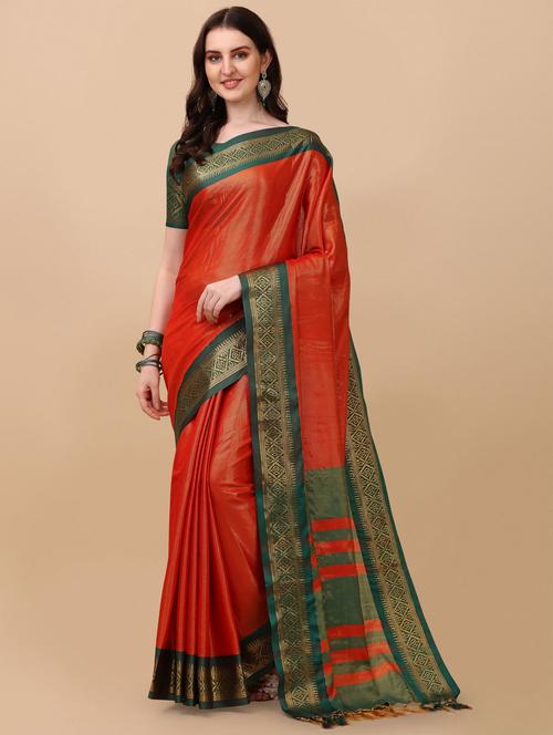 contrast bordered woven saree with blouse - 19175700 - Very Small Image - 1