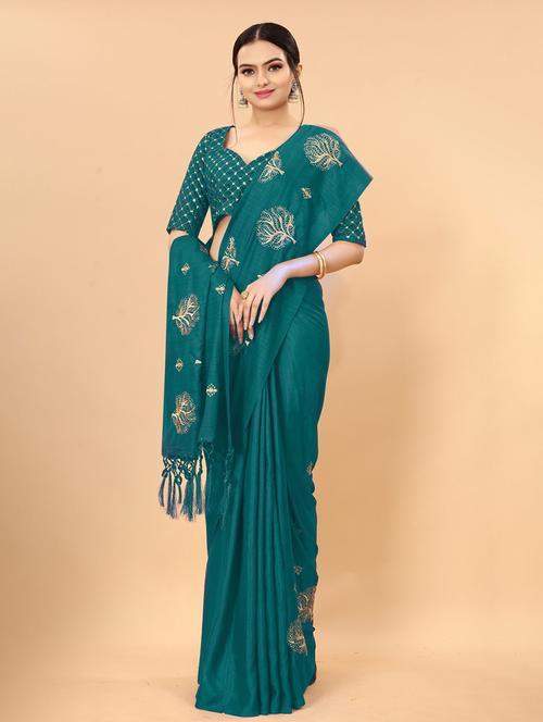 teal green embroidered saree with blouse - 19175729 - Very Small Image - 1