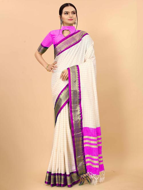 cream checkered saree set - 19175930 - Very Small Image - 1