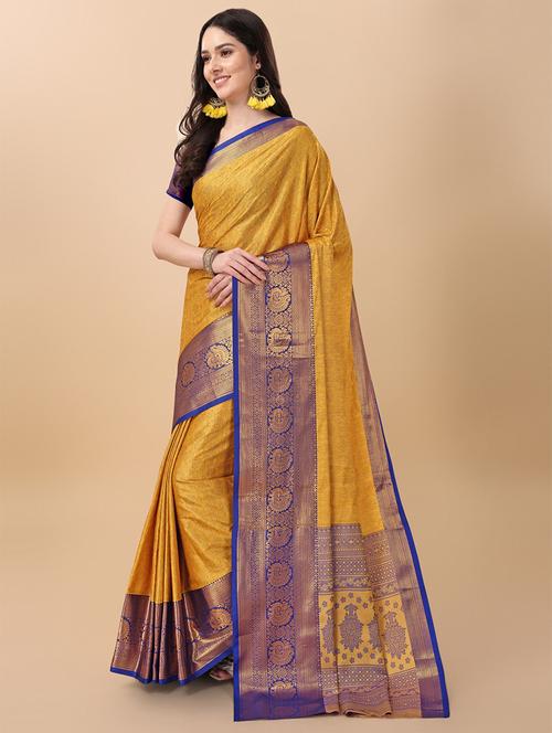 yellow cotton silk kanjivaram saree with blouse - 19176077 - Very Small Image - 1
