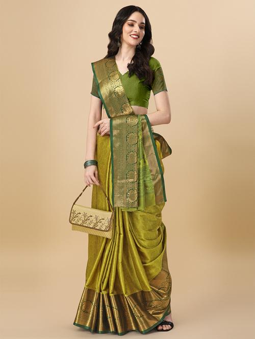 yellow cotton silk kanjivaram saree with blouse - 19176081 - Very Small Image - 1