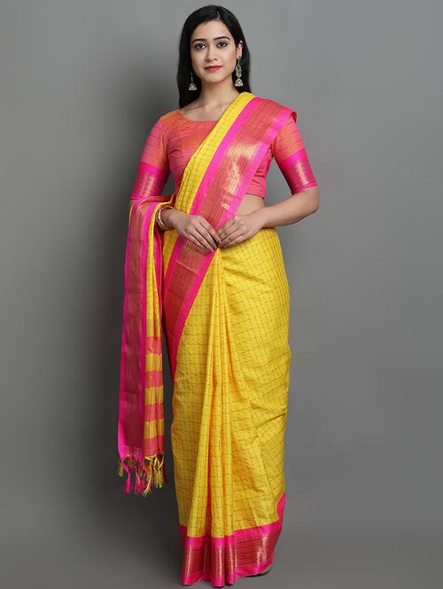 yellow check saree with blouse - 19176101 - Very Small Image - 1