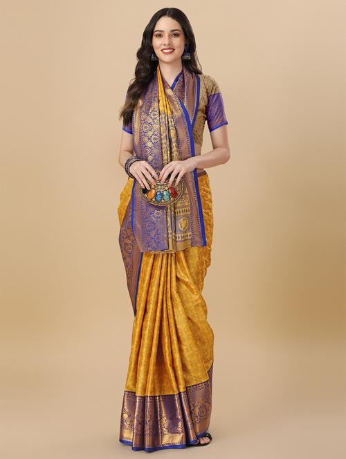 yellow cotton silk kanjivaram saree with blouse - 19176131 - Very Small Image - 1