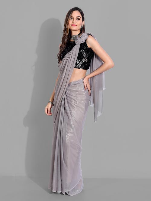 grey solid saree with blouse - 19176290 - Very Small Image - 1