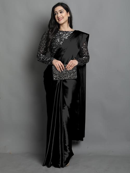 solid plain saree with sequin blouse piece with blouse - 19176399 - Very Small Image - 1