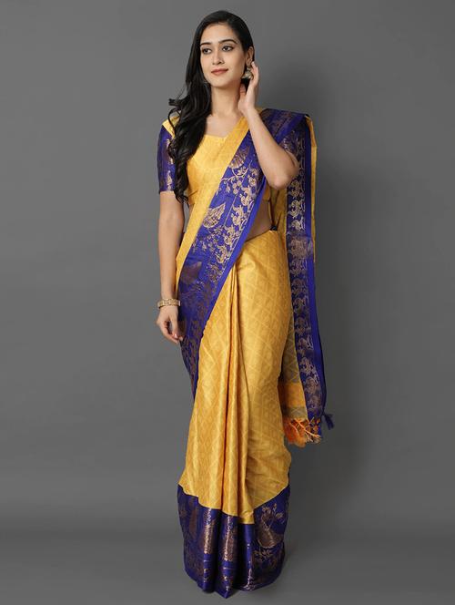 yellow cotton silk kasavu saree with blouse - 19176453 - Very Small Image - 1
