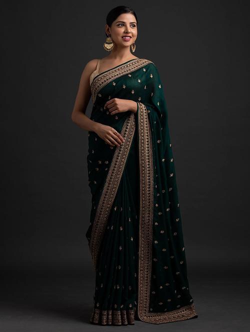 dark green embroidered saree with blouse - 19176550 - Very Small Image - 1