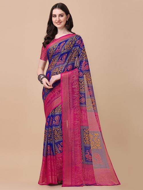dark blue printed saree with blouse - 19176608 - Very Small Image - 1