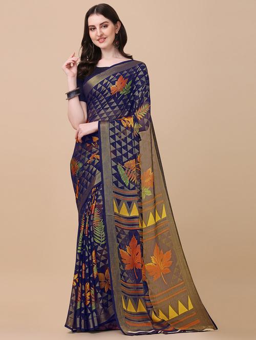 dark blue printed saree with blouse - 19176610 - Very Small Image - 1