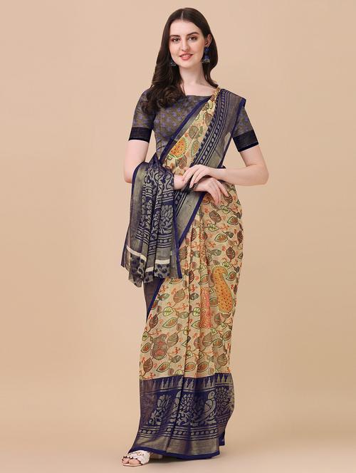 dark blue printed saree with blouse - 19176612 - Very Small Image - 1
