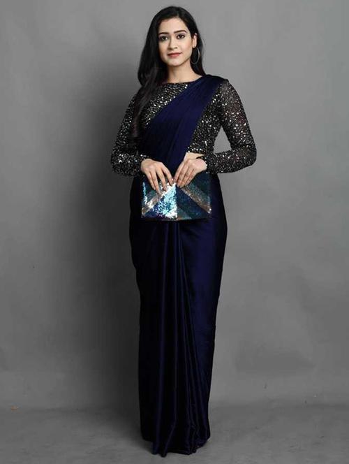 dark blue solid saree with blouse - 19176620 - Very Small Image - 1