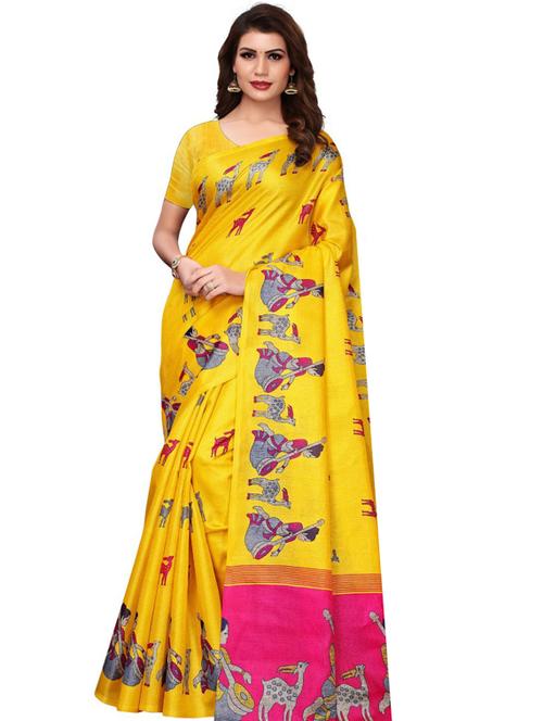 yellow art silk printed saree with blouse - 19176872 - Very Small Image - 1