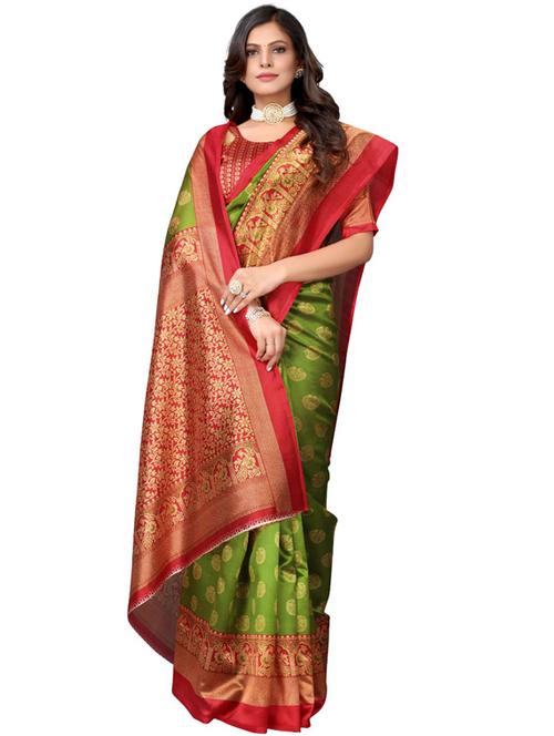olive art silk printed saree with blouse - 19176879 - Very Small Image - 1