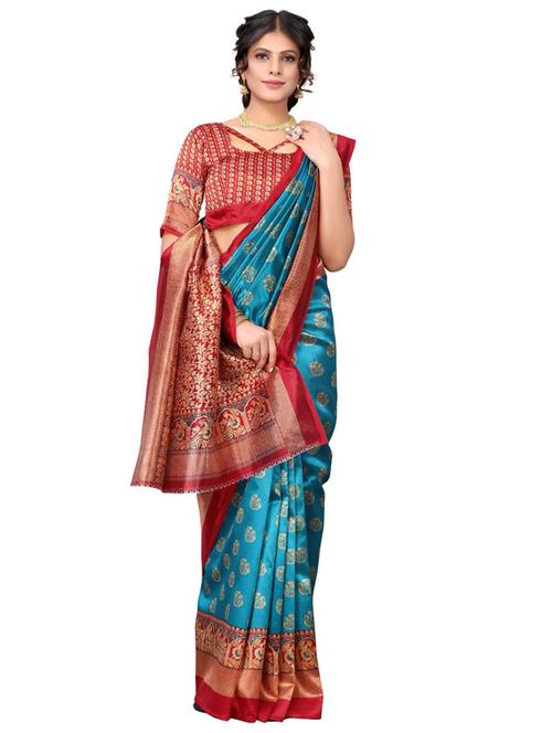 turquoise art silk printed saree with blouse - 19176882 - Very Small Image - 1