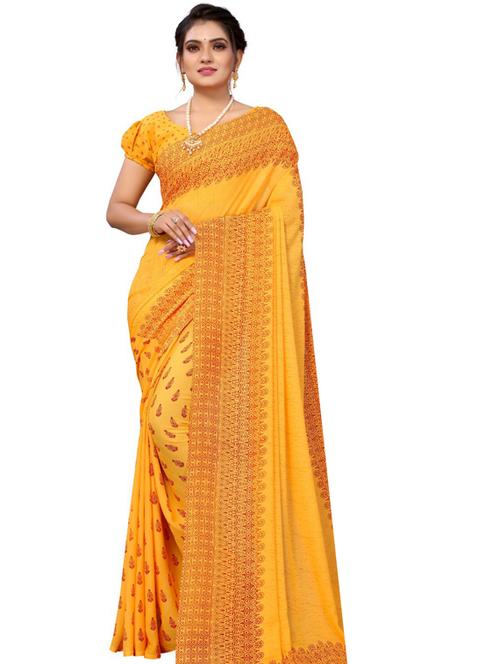 yellow cotton blend printed saree with blouse - 19176920 - Very Small Image - 1