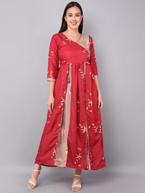 v neck printed contrast a-line ethnic dress - 19177059 - Very Small Image - 1
