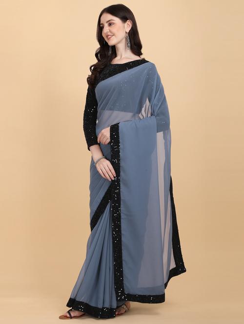 grey sequin bordered set saree with blouse - 19177298 - Very Small Image - 1