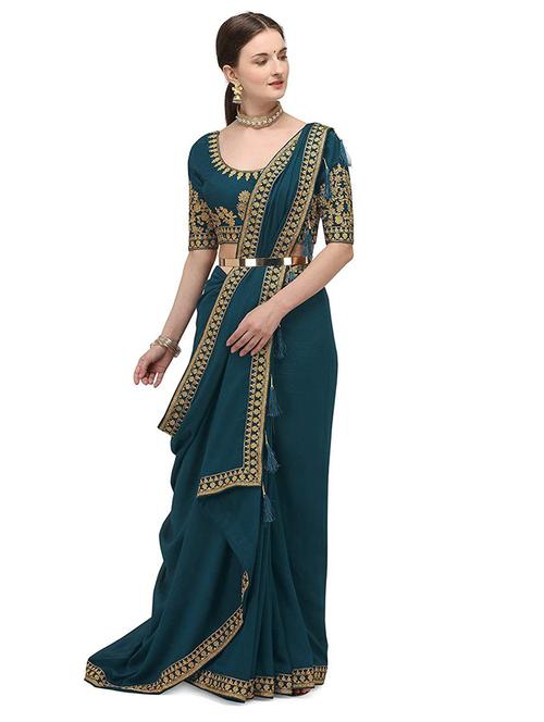 dark green self design bordered set saree with blouse - 19177326 - Very Small Image - 1