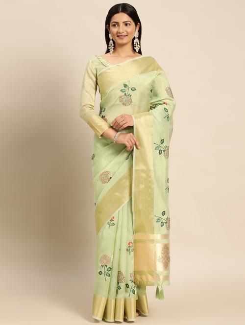 light green linen embroidered saree with blouse - 19180841 - Very Small Image - 1