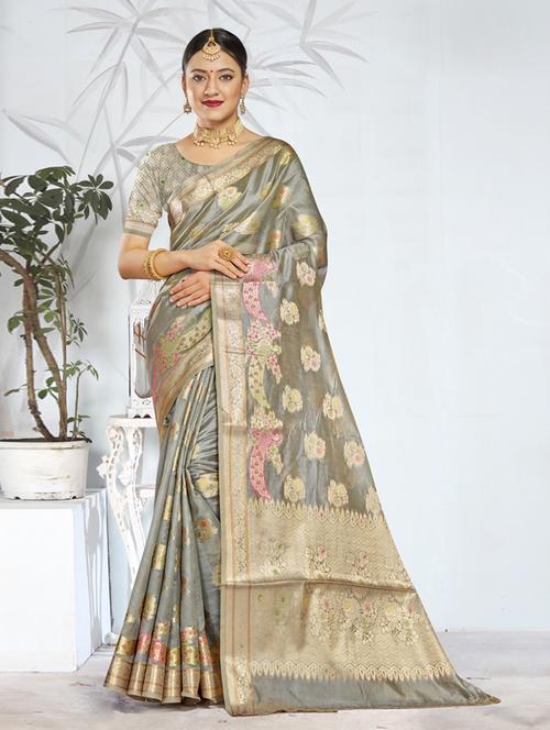 grey self design banarasi saree with blouse - 19183479 - Very Small Image - 1