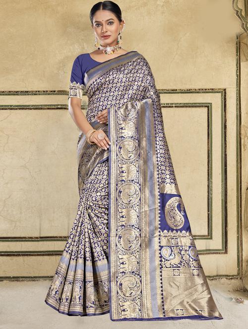 ethnic wear dark blue color saree set with blouse - 19184460 - Very Small Image - 1