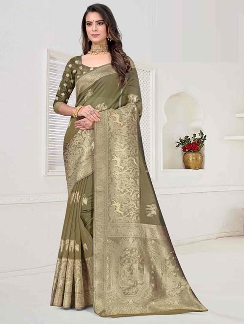 ethnic wear dark green color saree set with blouse - 19184463 - Very Small Image - 1