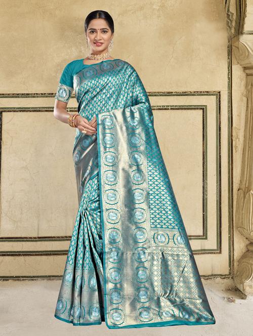 ethnic wear sky blue color saree set with blouse - 19184469 - Very Small Image - 1