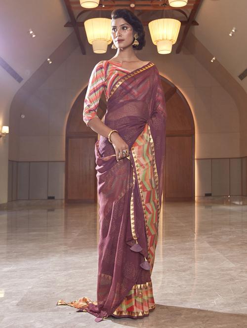 ethnic wear purple color saree set with blouse - 19184481 - Very Small Image - 1