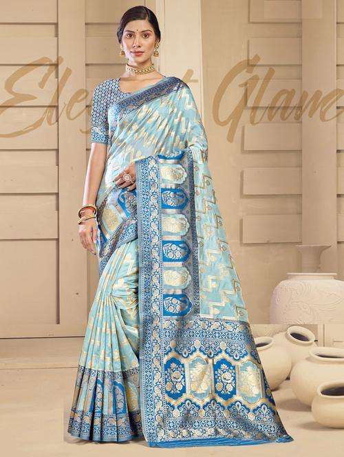 ethnic wear sky blue color saree set with blouse - 19184487 - Very Small Image - 1