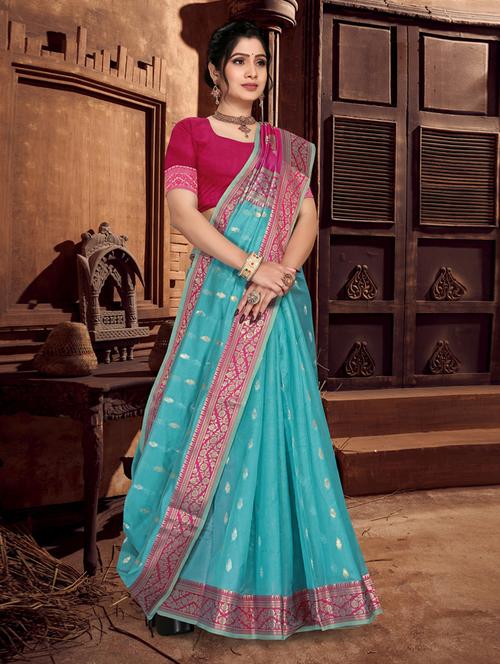 ethnic wear sky blue color saree set - 19184498 - Very Small Image - 1