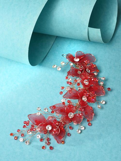 gold toned & red stocking flowers beaded tiara hair accessory - 19185885 - Very Small Image - 1