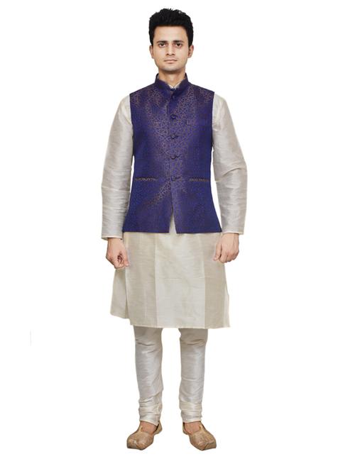 cream silk blend kurta pyjama with jacket ethnic wear set - 19187970 - Very Small Image - 1