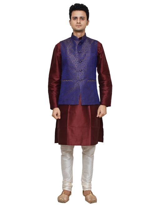 maroon silk blend kurta pyjama with jacket - 19188067 - Very Small Image - 1