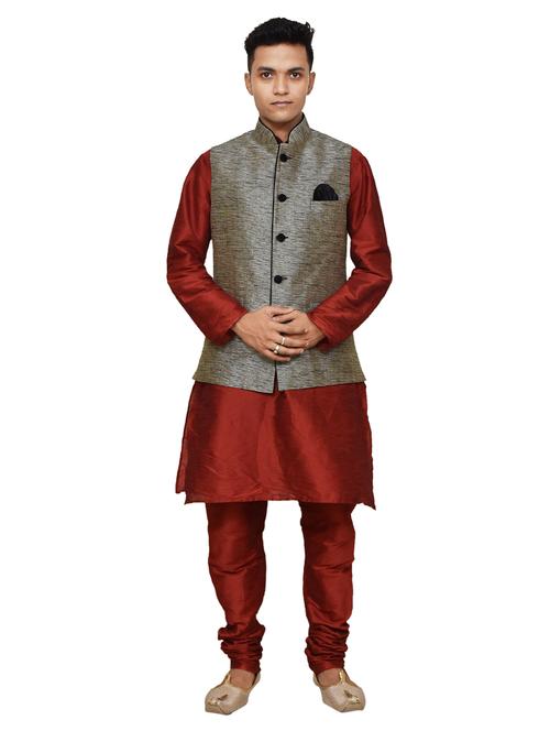 silk blend kurta pyjama with jacket - 19188087 - Very Small Image - 1