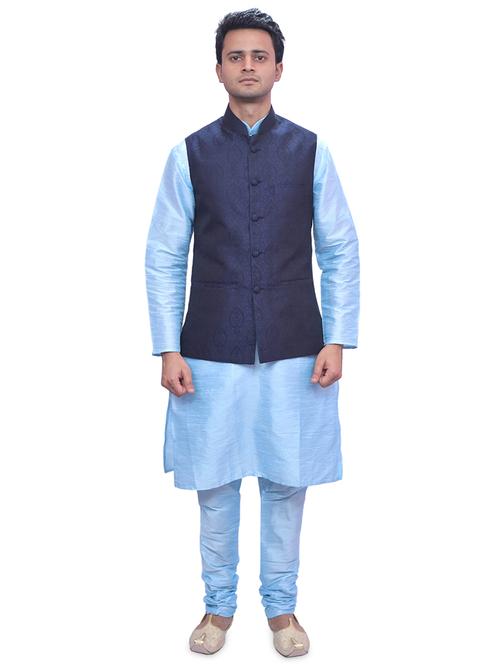 sky blue silk blend kurta pyjama with jacket ethnic wear set - 19188134 - Very Small Image - 1