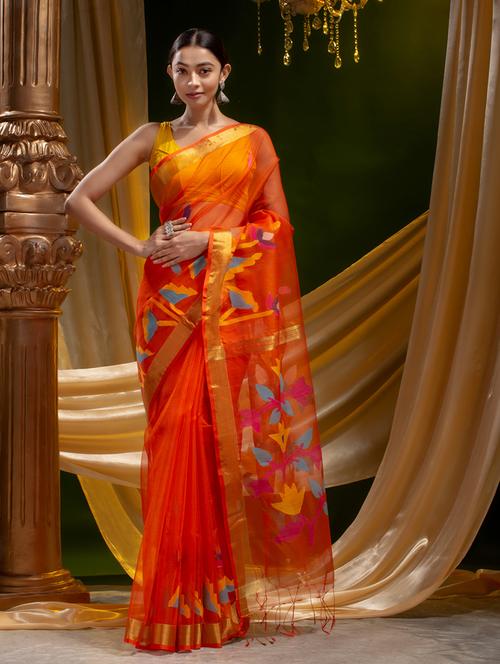 orange silk blend handloom saree - 19193184 - Very Small Image - 1