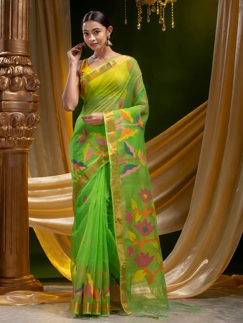 green silk blend handloom saree with blouse - 19193185 - Very Small Image - 1