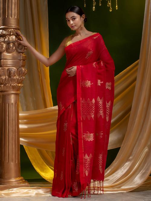 red linen handloom saree - 19193192 - Very Small Image - 1