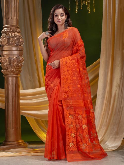orange cotton blend jamdani saree - 19193402 - Very Small Image - 1