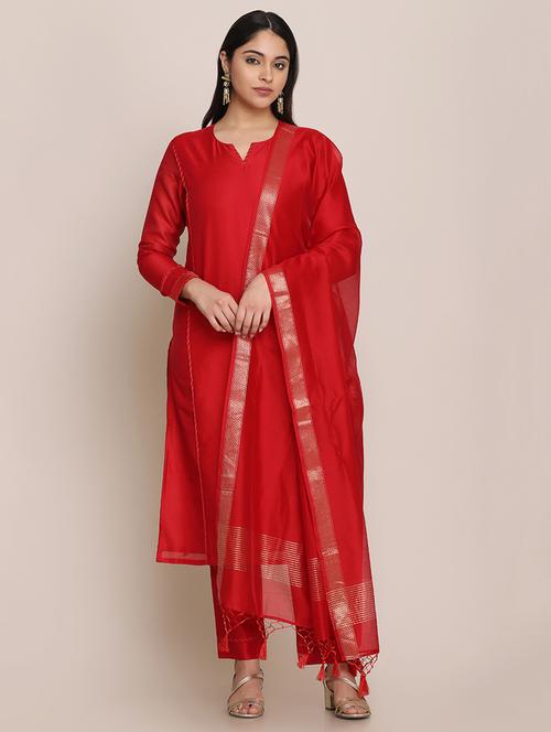 red cotton silk kurta pant set - 19193403 - Very Small Image - 1