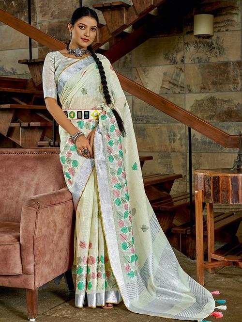 offwhite linen saree - 19197182 - Very Small Image - 1