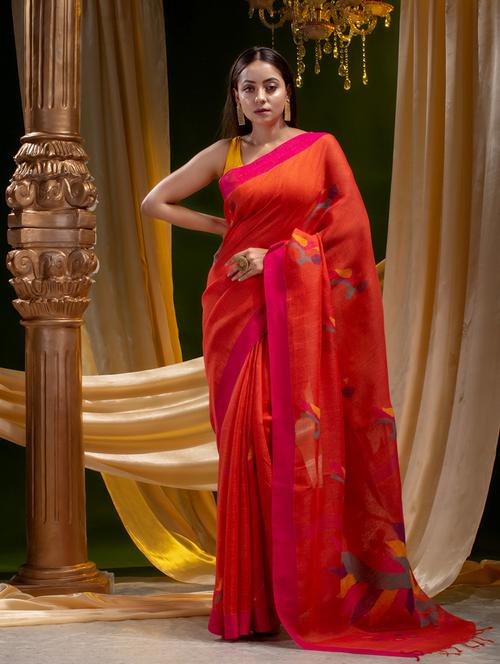 fuchsia linen handloom saree with blouse - 19197296 - Very Small Image - 1