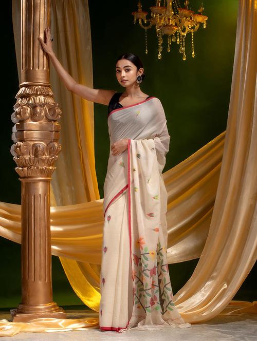 offwhite cotton handloom saree with blouse - 19197317 - Very Small Image - 1