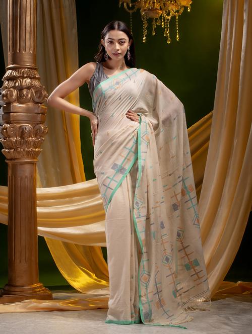offwhite cotton handloom saree with blouse - 19197318 - Very Small Image - 1