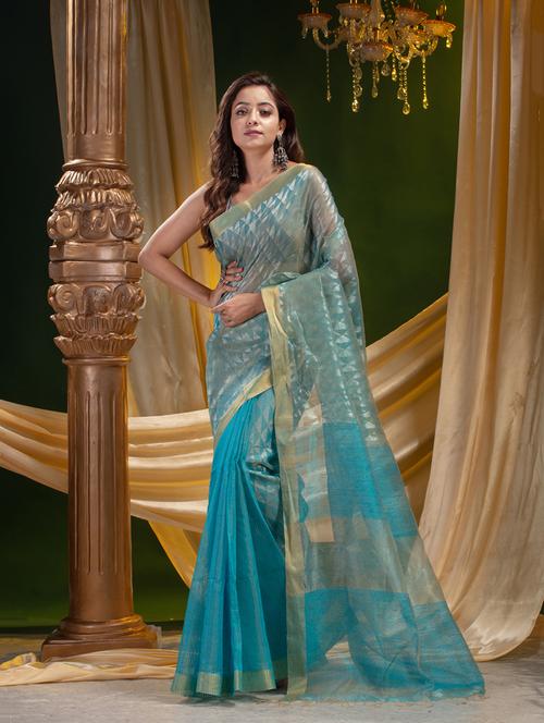 turquoise matka silk handloom saree - 19197322 - Very Small Image - 1