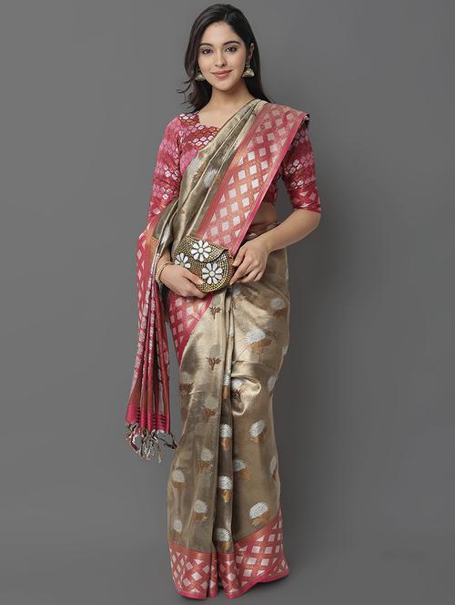 silver silk blend kanjivaram saree with blouse - 19198010 - Very Small Image - 1