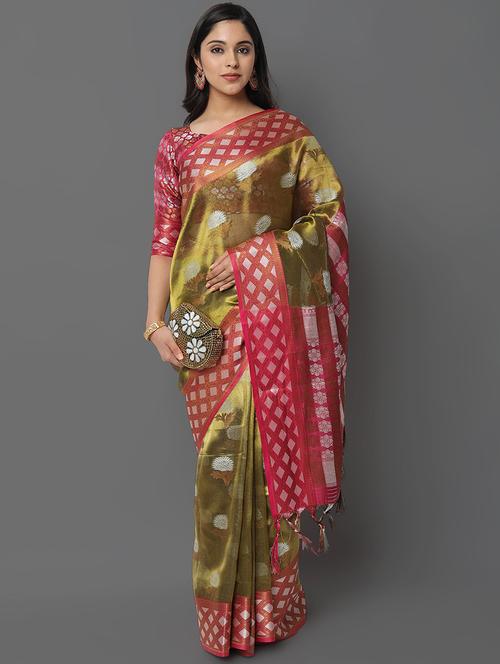 green silk blend kanjivaram saree with blouse - 19198011 - Very Small Image - 1